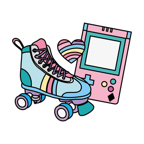 color roller skate with electronic game and heart style vector illustration