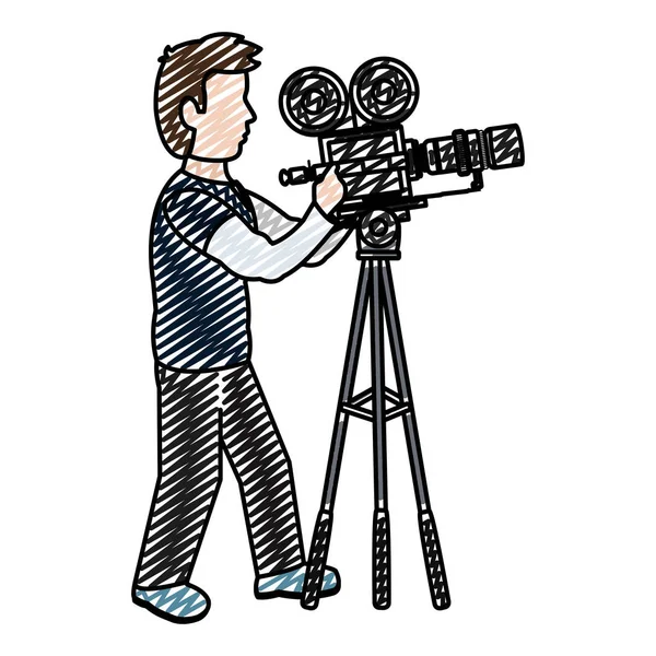 Video Kamera Dijital Ekipman Vektör Çizim Ile Profesyonel Kameraman Doodle — Stok Vektör