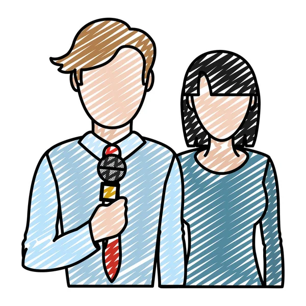 Doodle Mann Und Frau Partner News Reporter Vektor Illustration — Stockvektor