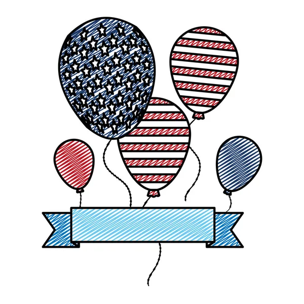 Doodle Usa Ballons Nation Avec Illustration Vectorielle Style Ruban — Image vectorielle