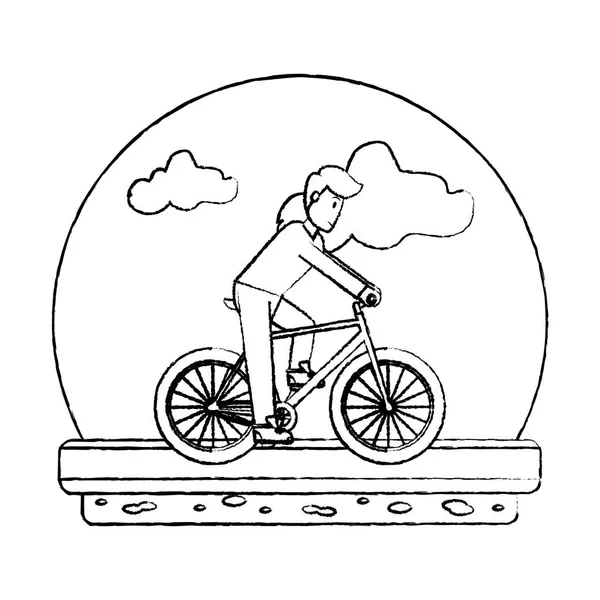 Grunge Man Riding Bicycle Transport Street Vector Illustration — Stock Vector