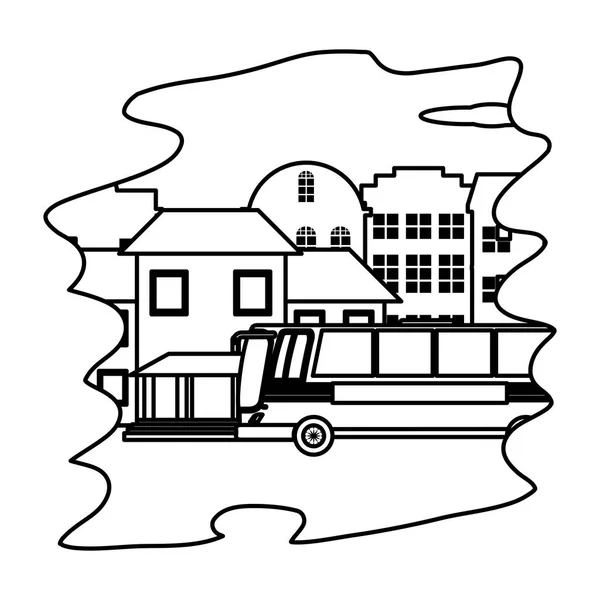 Line Bus School Transportation City House Vector Illustration — Stock Vector