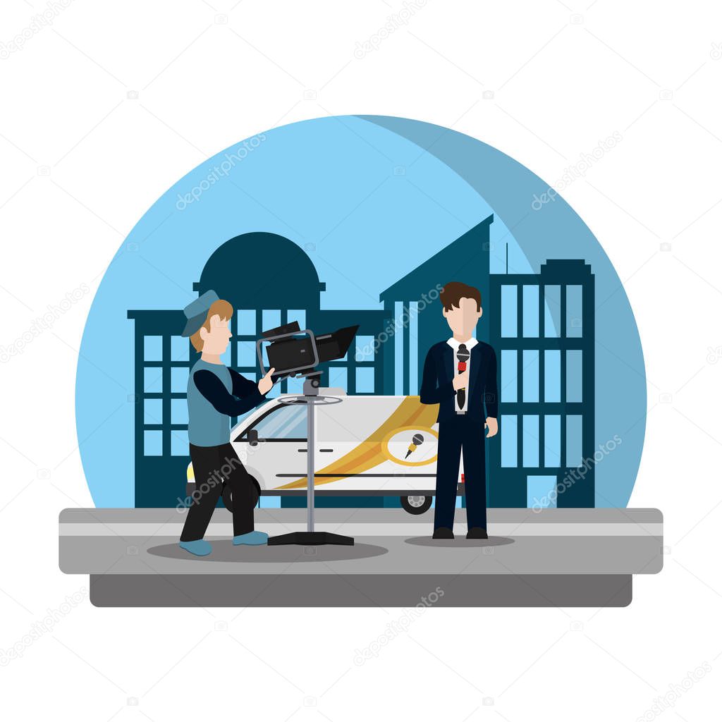 cameraman camcorder film to reporter with microphone vector illustration