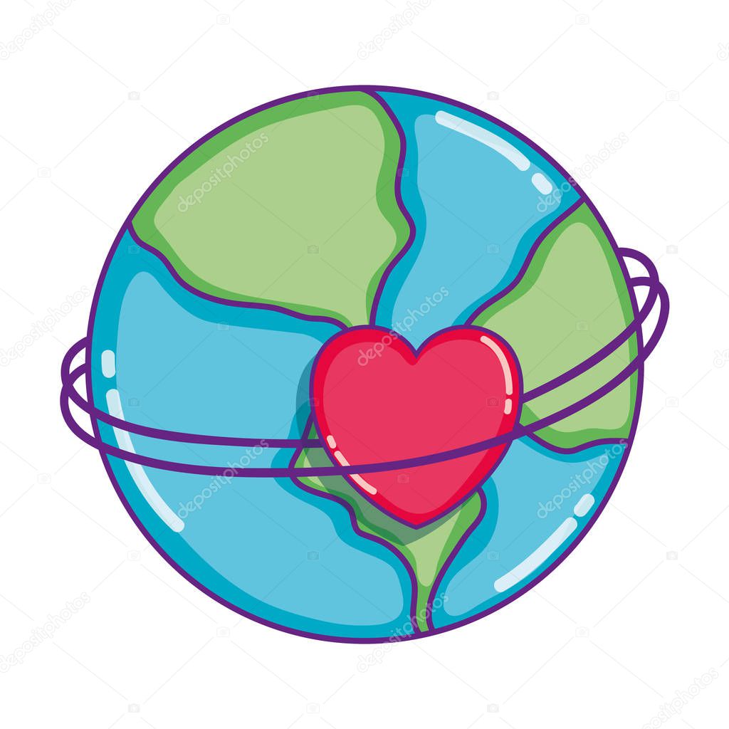 earth planet global with heart decoration vector illustration