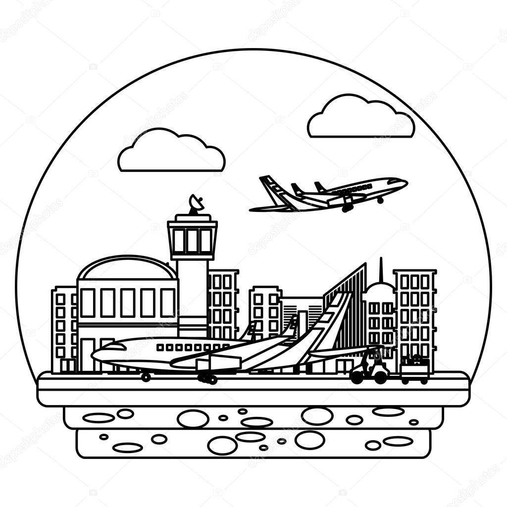 line airport place with airplanes and vehicle luggages vector illustration