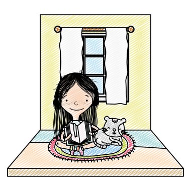 kedi ve pencere vektör çizim ile kitap okuma kız doodle