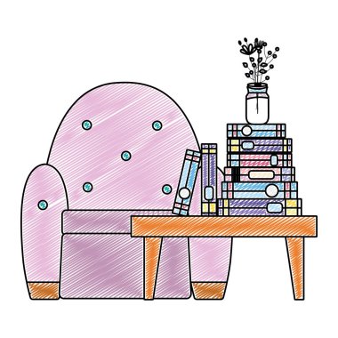Masa ve sandalye vektör çizim kitapları ve Çiçekleri vazoya doodle