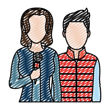 kadın ve adam ortağı gazetecilere konferans vektör çizim doodle