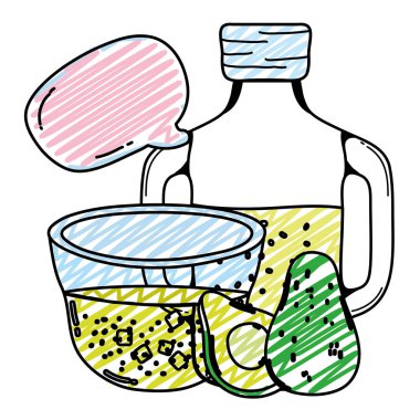 avokado meyve suyu kavanoz ve sohbet kabarcık vektör çizim ile kase doodle