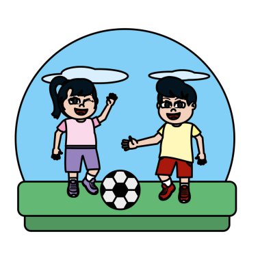 renkli kız ve oğlan sprot futbol oynamak illüstrasyon vektör