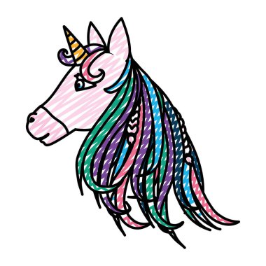 Doodle güzellik tek boynuzlu at kafası boynuz ve saç şekli vektör çizim ile