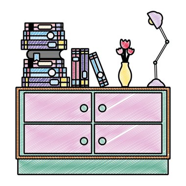 Kitaplar çiçek vazo ve şifoniyer vektör çizim Lambada doodle