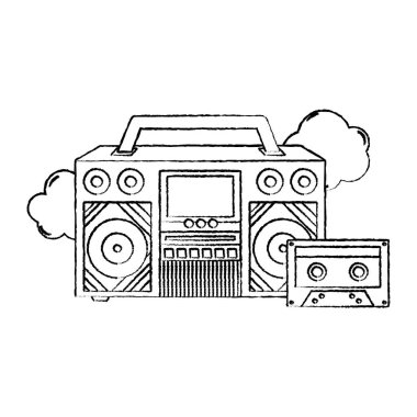 Grunge retro radyo teknoloji ile kaset ve bulutlar illüstrasyon vektör