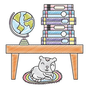 kitap ve genel tablo ve kedi vektör çizim masasında doodle
