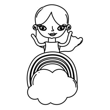 satır kadın uzun saç modeli ve rainbow ile bulut vektör çizim
