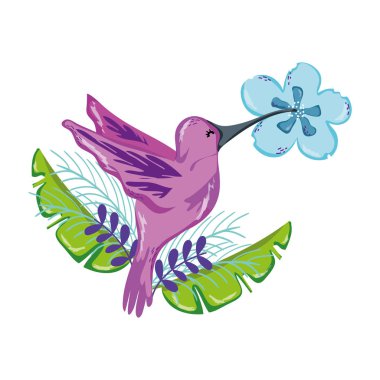 egzotik çiçek vektör çizim ile uçan tropik kuş