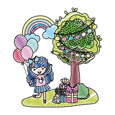 kız çocuk hediye ağacıyla yanındaki doodle ve balonlar illüstrasyon vektör