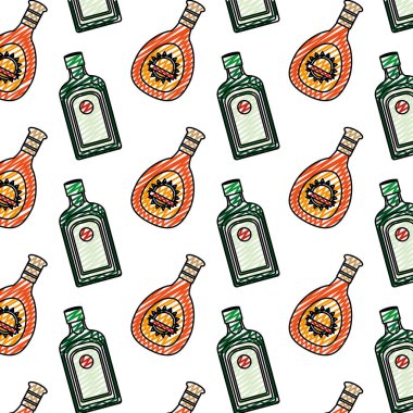 Doodle sert likör ve wiskey şişe arka plan vektör çizim