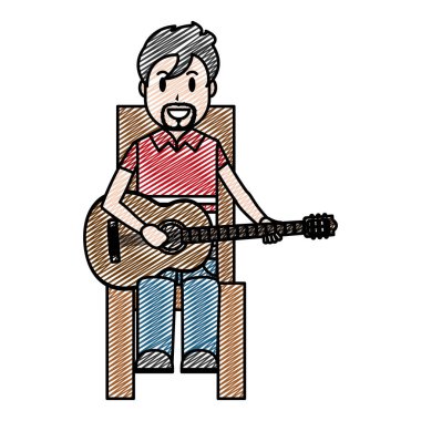 mutlu müzisyen gitar vektör çizim oynamak için oturan doodle