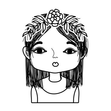 çizgi ve kadın ile şube yaprakları baş vektör çizim çiçek