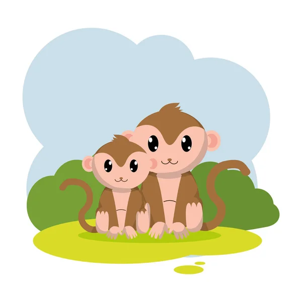 Casal Macaco Selvagem Animal Paisagem Vetor Ilustração — Vetor de Stock