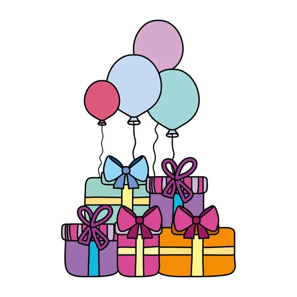 Boîtes Cadeaux Couleur Avec Des Ballons Anniversaire Fête Célébration Vectorielle — Image vectorielle