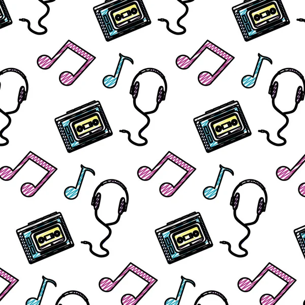 Cuffie Doodle Con Cassette Note Musicali Illustrazione Vettoriale Sfondo — Vettoriale Stock