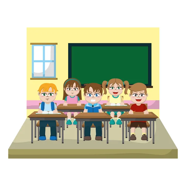 Nette Schüler Kinder Der Tafel Und Klassenzimmer Vektor Illustration — Stockvektor