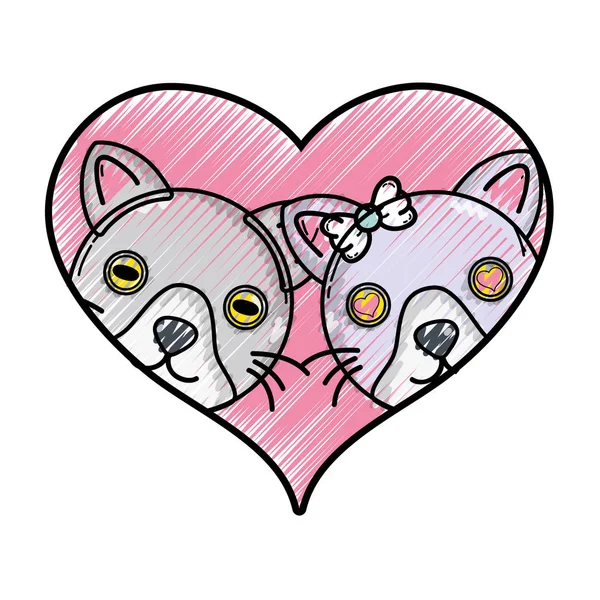 Gato Lindo Rallado Pareja Animal Juntos Dentro Del Corazón Vector — Archivo Imágenes Vectoriales