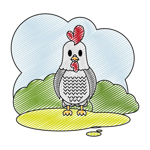 涂鸦可爱的公鸡农场动物在景观向量例证 — 图库矢量图片