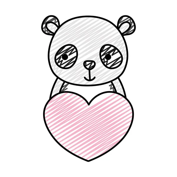 Gribouiller Mignon Panda Sauvage Animal Avec Coeur Vecteur Illustration — Image vectorielle