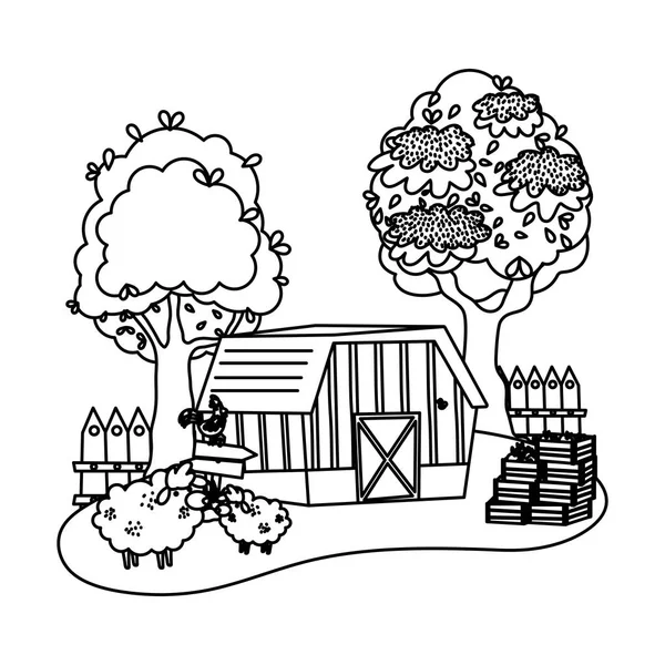 Linha Casa Fazenda Com Ovelhas Galo Animais Vetor Ilustração — Vetor de Stock