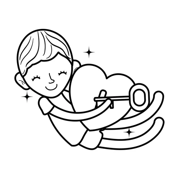 Ligne Enfant Garçon Dormir Avec Cadenas Coeur Illustration Vectorielle Clé — Image vectorielle