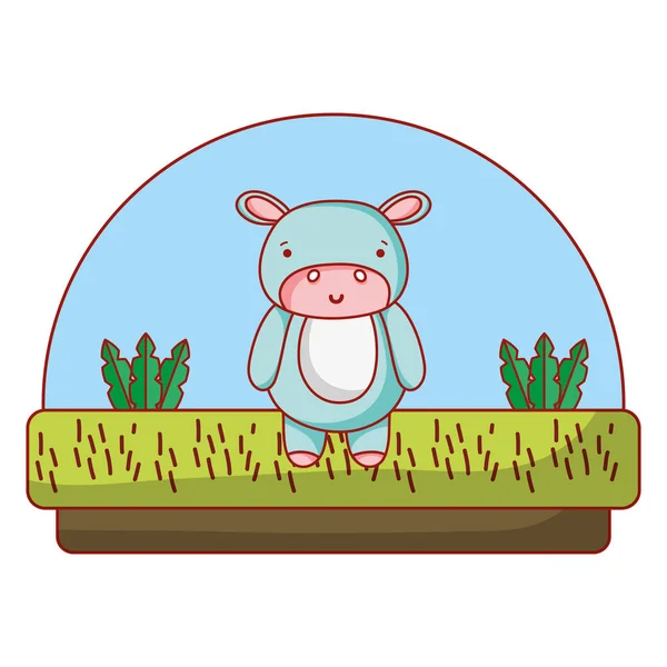 Hippopotame Mignon Animal Dans Campagne Plantes Illustration Vectorielle — Image vectorielle