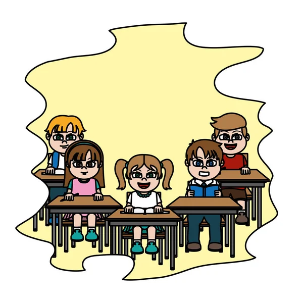 Farbige Schüler Sitzen Auf Der Schulbank Klassenzimmer Vektor Illustration — Stockvektor