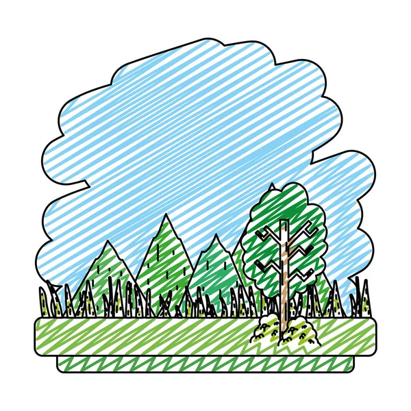 Doodle Natur Berge Ökologie Baum Landschaft Vektor Illustration — Stockvektor