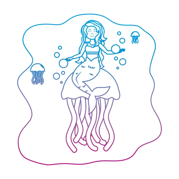 Degraded Line Cute Siren Woman Jellyfishes Animals Vector Illustration — Stock Vector