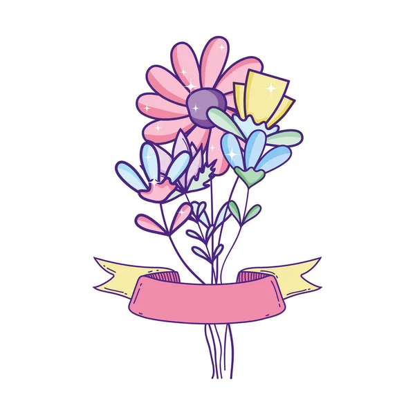 Εξωτικά Λουλούδια Φυτά Κορδέλα Στυλ Εικονογράφηση Διάνυσμα — Διανυσματικό Αρχείο