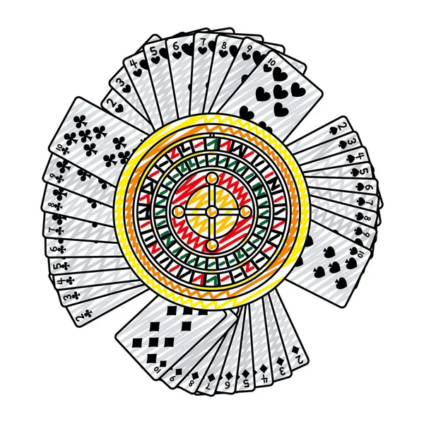 Doodle Κάρτες Πόκερ Καζίνο Και Παιχνίδια Ρουλέτας Διανυσματικά Εικονογράφηση — Διανυσματικό Αρχείο