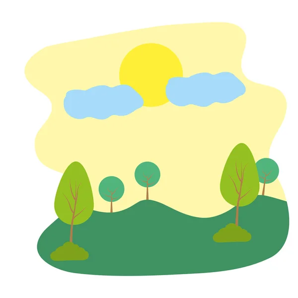 Natureza Paisagem Árvores Com Sol Nuvens Vetor Ilustração —  Vetores de Stock