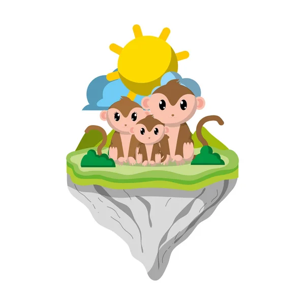 Familie Affe Tier Schwimmenden Insel Vektor Illustration — Stockvektor