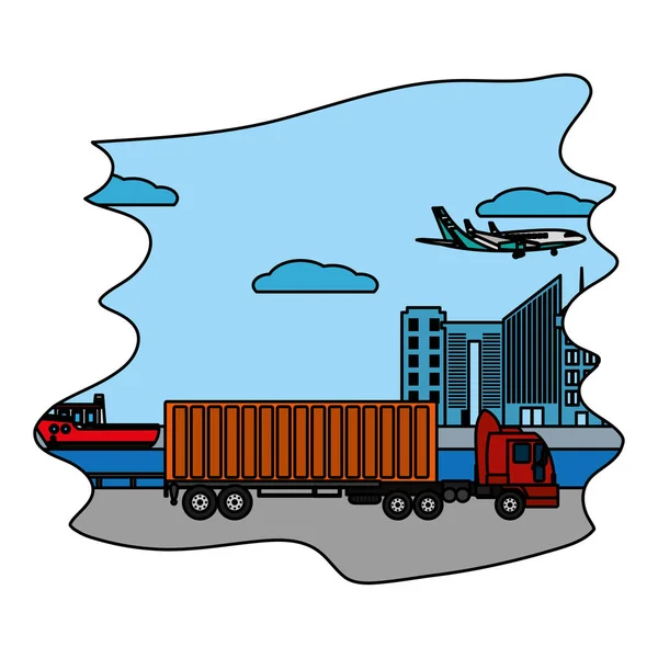 Colore Consegna Servizio Camion Container Nave Con Aereo Vettoriale Illustrazione — Vettoriale Stock