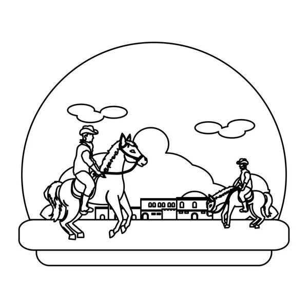 Linha Cowboys Equitação Cavalos Cidade Deserto Vetor Ilustração — Vetor de Stock