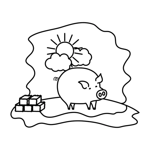 Ligne Porc Ferme Animal Avec Paille Balle Vecteur Illustration — Image vectorielle