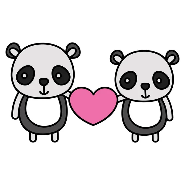 Color Couple Panda Cute Heart Hands Vector Illustration — Stock Vector