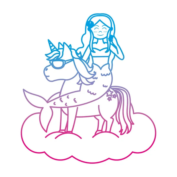 Mujer Sirena Línea Degradada Montar Unicornio Con Gafas Sol Vector — Archivo Imágenes Vectoriales