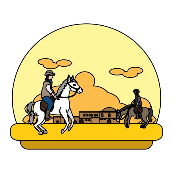 Vaqueros Color Caballo Desierto Ciudad Vector Ilustración — Vector de stock