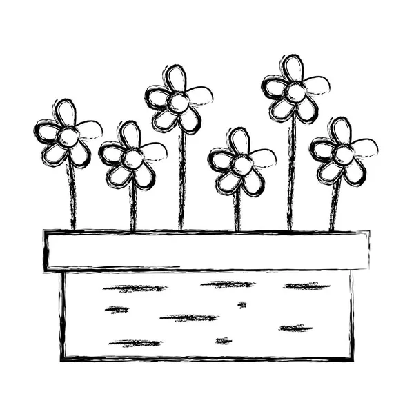 Grunge Fleurs Tropicales Avec Pétales Intérieur Bois Plantpot Vecteur Illustration — Image vectorielle