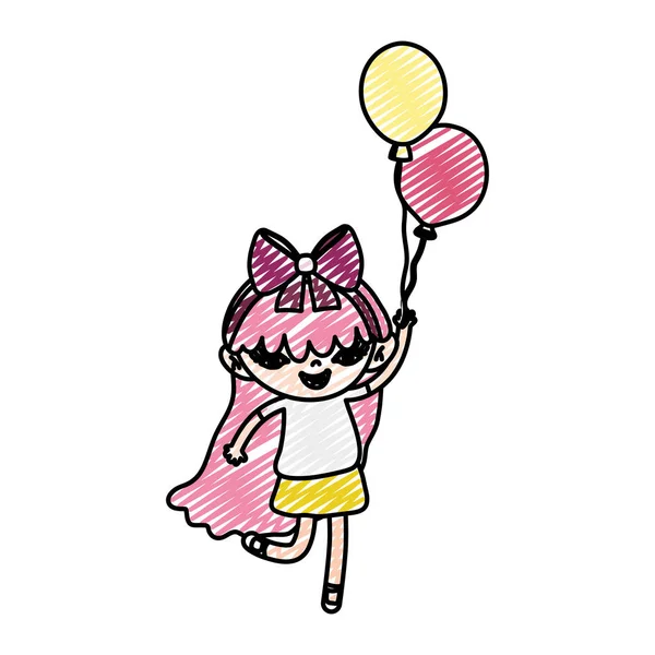 Niña Garabato Con Pelo Largo Globos Vector Ilustración — Archivo Imágenes Vectoriales