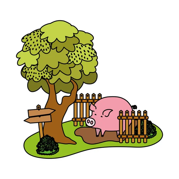 Farbe Schwein Nutztier Sumpf Mit Holz Grillage Vektor Illustration — Stockvektor